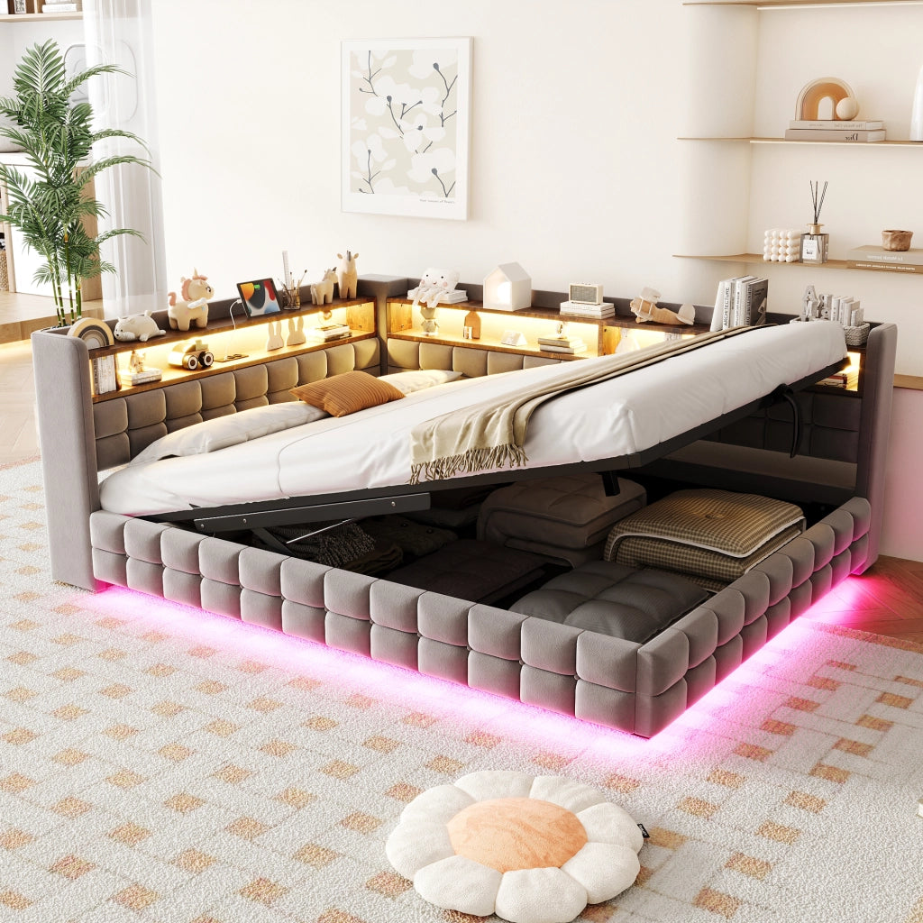 LETTO Divano imbottito 140x200 cm velluto grigio chiaro con contenitore e LED