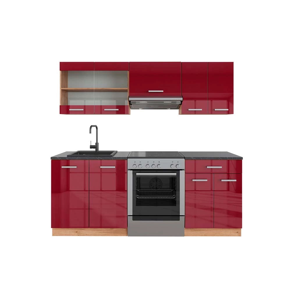 Vicco Cucina componibile Rosso lucido/rovere dorato 200 cm , PL Antracite