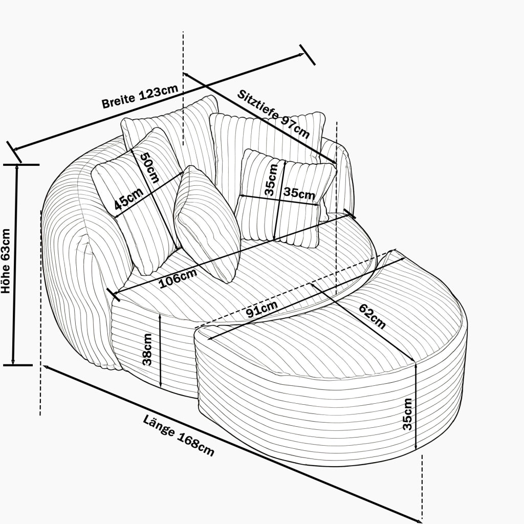 Poltrona da lettura rotonda in tessuto beige con 5 cuscini e pouf per soggiorno e camera da letto