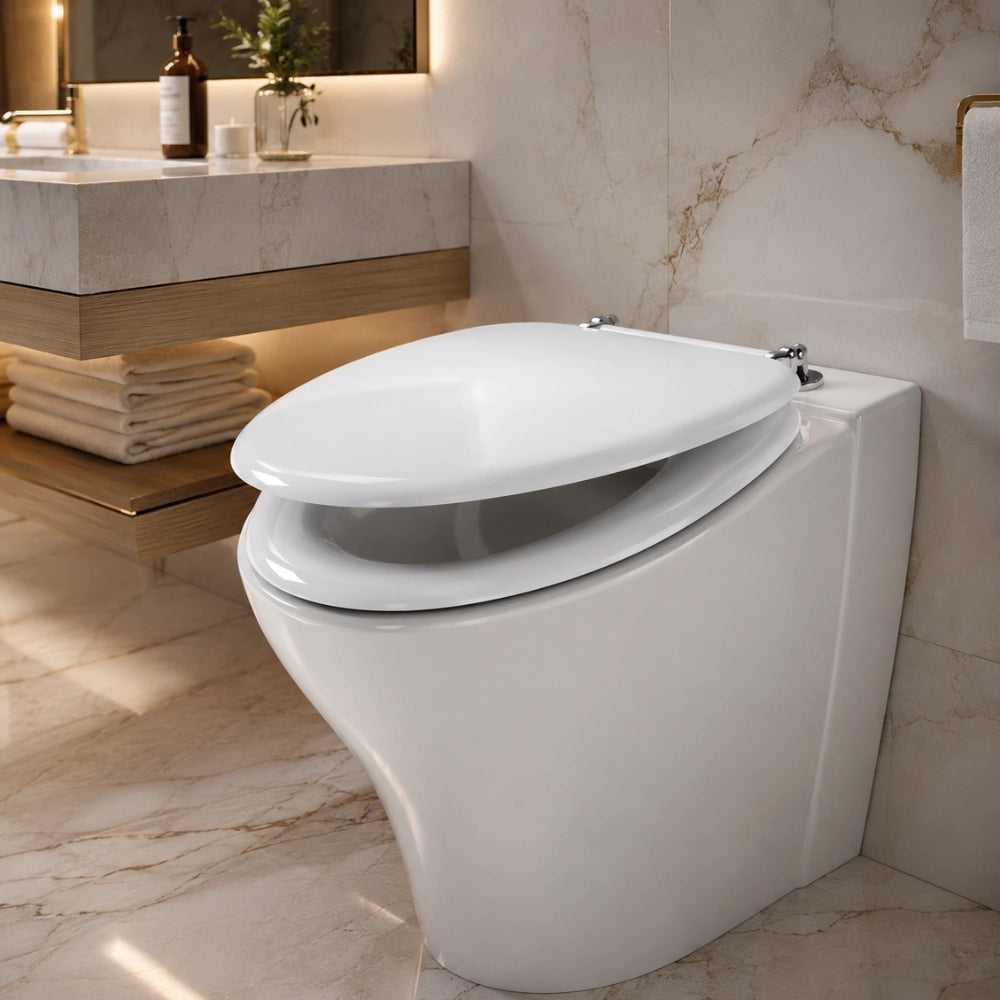 Sedile wc copri water universale bianco in mdf con cerniere regolabili