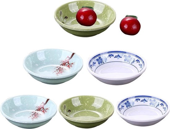 Set di scodelle per snack, sushi e dessert, insieme a salse di soia per servire tapas, sushi, dessert, antipasti, salse, dolci, piccoli frutti, noci, gelato, spezie, 6 pezzi