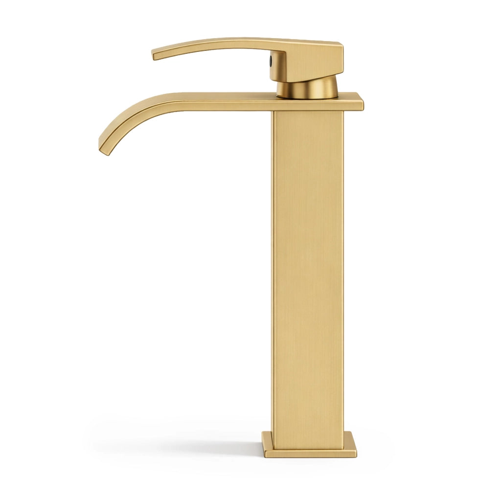 Rubinetto lavabo alto a cascata oro da appoggio miscelatore bagno EVIO