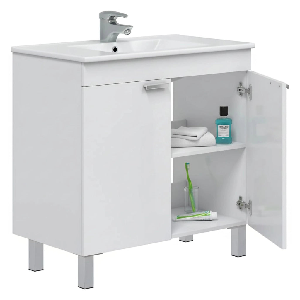 Massiola, Mobile Sottolavabo 2 Ante, 80x45x80h cm Bianco Lucido