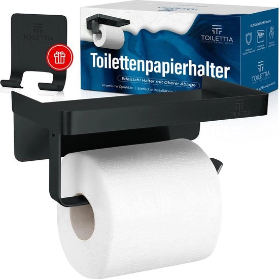 Supporto per carta igienica per bagno, nero, senza perforazioni, con piastra – molteplice possibilità di stoccaggio con bordi sicuri per oggetti di valore, supporto per carta igienica in acciaio inossidabile SUS304 nero con piastra
