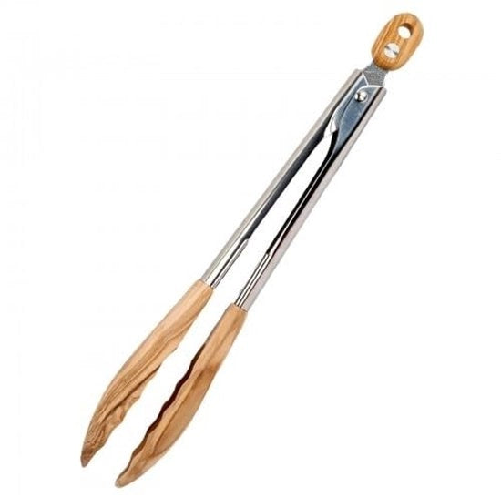 Tang di olivo, 30 cm attrezzo da cucina in acciaio inox con punte in legno, manico in acciaio inox con impugnatura in legno, attrezzo da barbecue in legno, utensile da cucina, da grigliare, da buffet.