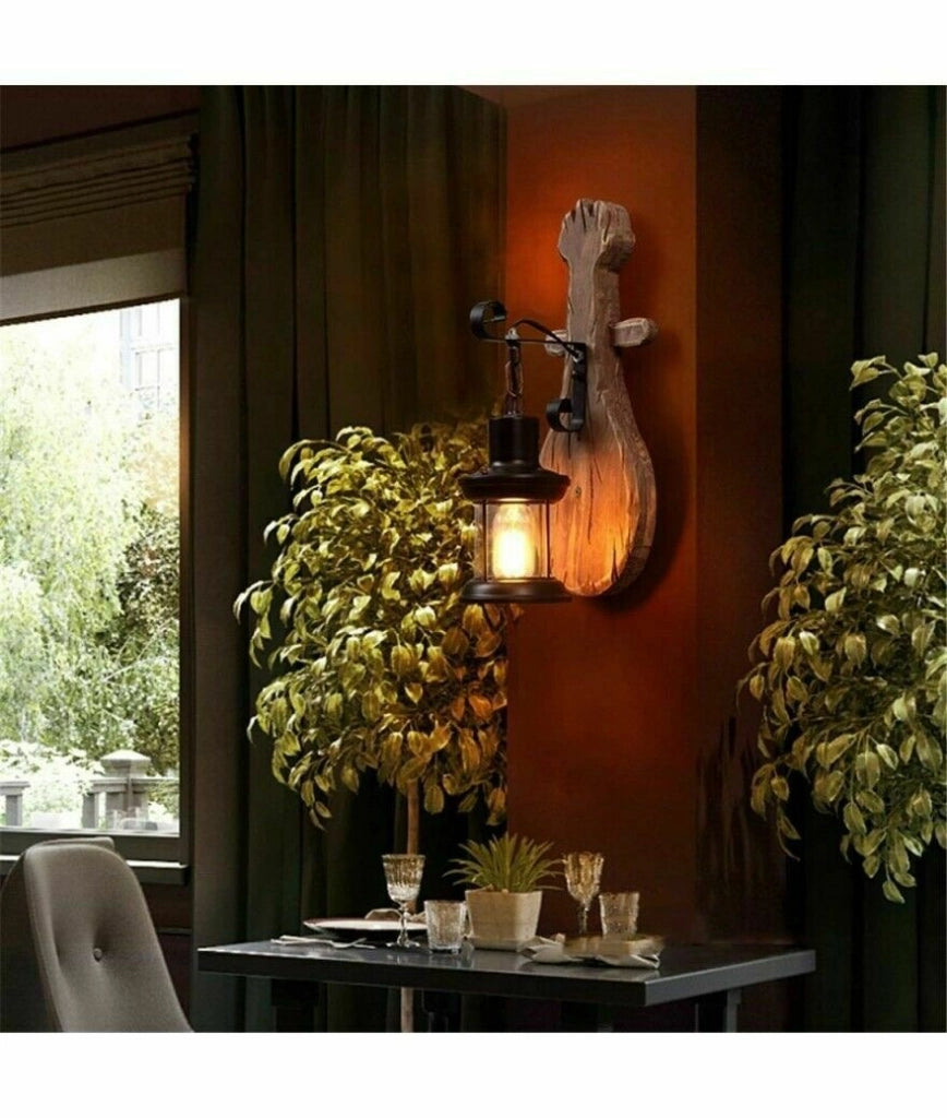 APPLIQUE LAMPADA DA PARETE A MURO PER INTERNO E27 LANTERNA RETRO VINTAGE LEGNO
