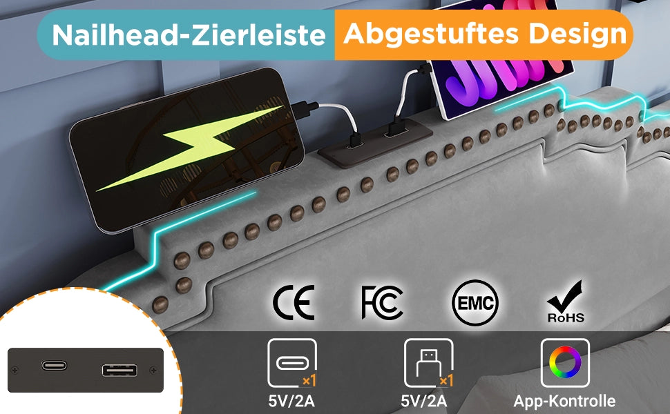Letto imbottito 160x200 - Zephmum - 4 cassetti, LED, USB-C, velluto grigio