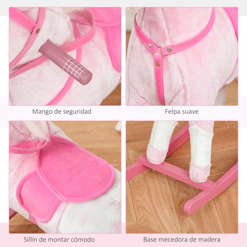 Cavallo a Dondolo Morbido per Bambini 3-6 Anni con Suono ¨C Minimal ¨C 74x28x65 cm Rosa