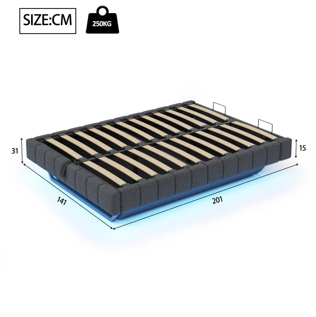 Letto imbottito sospeso 140x200 cm con LED e contenitore