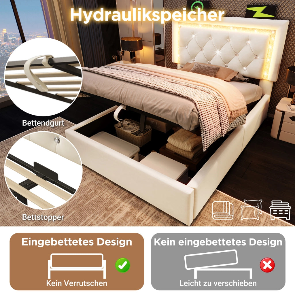 LETTO imbottito 90x200 cm in velluto beige con LED, USB e contenitore