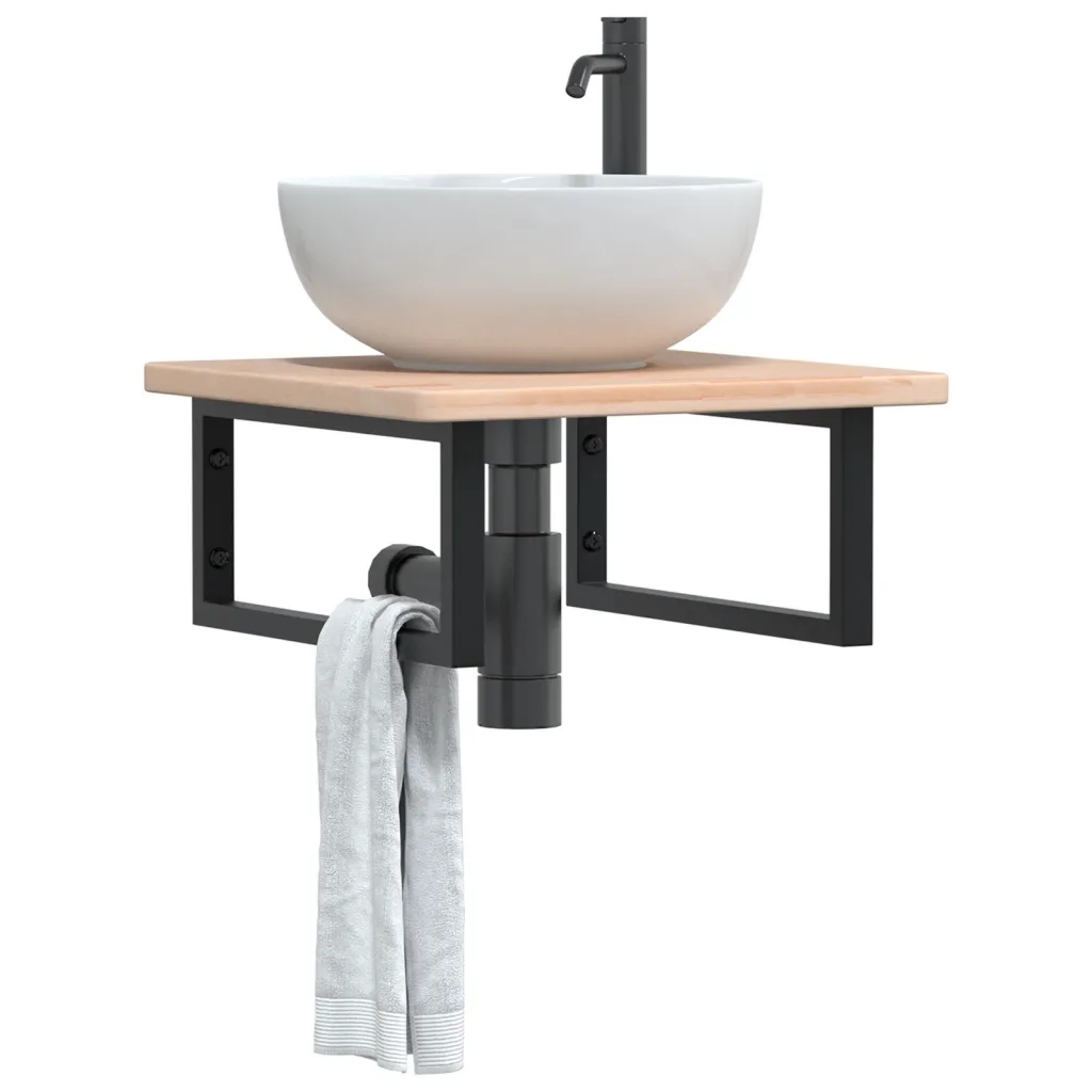 Ripiano a Parete per Lavabo in Acciaio e Massello di Rovere 3302381
