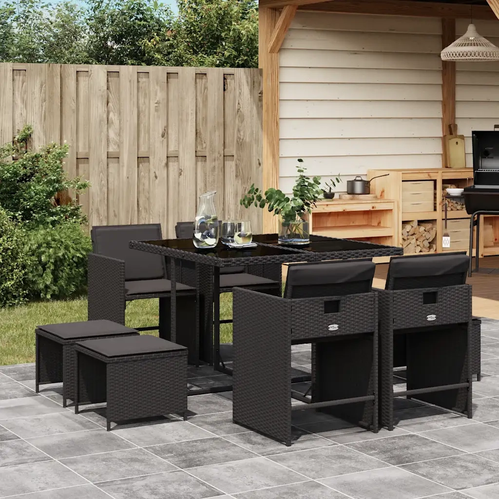 Set da Pranzo da Giardino 9 pz con Cuscini Nero in Polyrattan 3211135