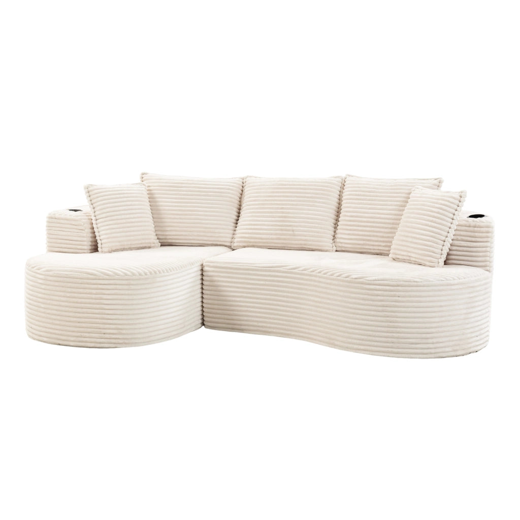 Divano ad arco 250x152x82 cm in tessuto corduroy beige con portabicchieri e tasche laterali