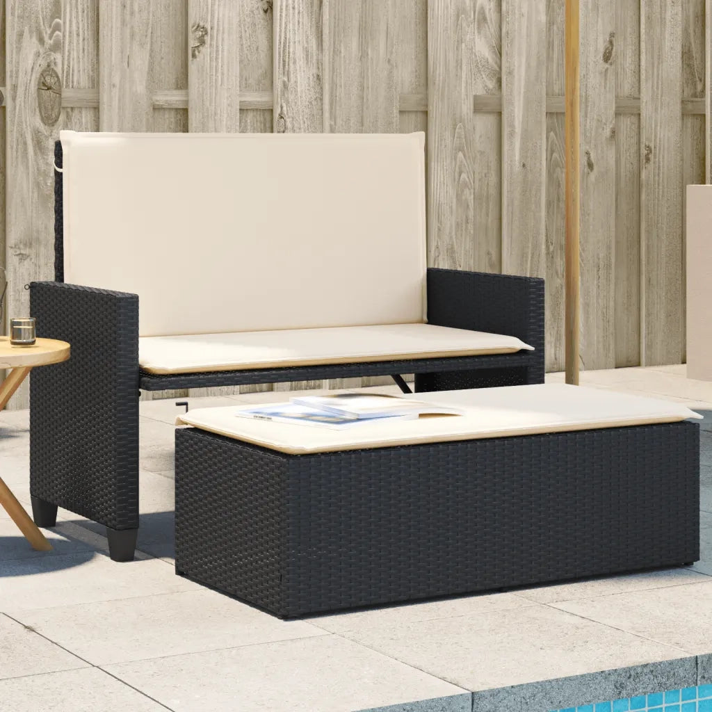 Panchina da Giardino | Panca da Giardino con Cuscini e Poggiapiedi Nera in Polyrattan