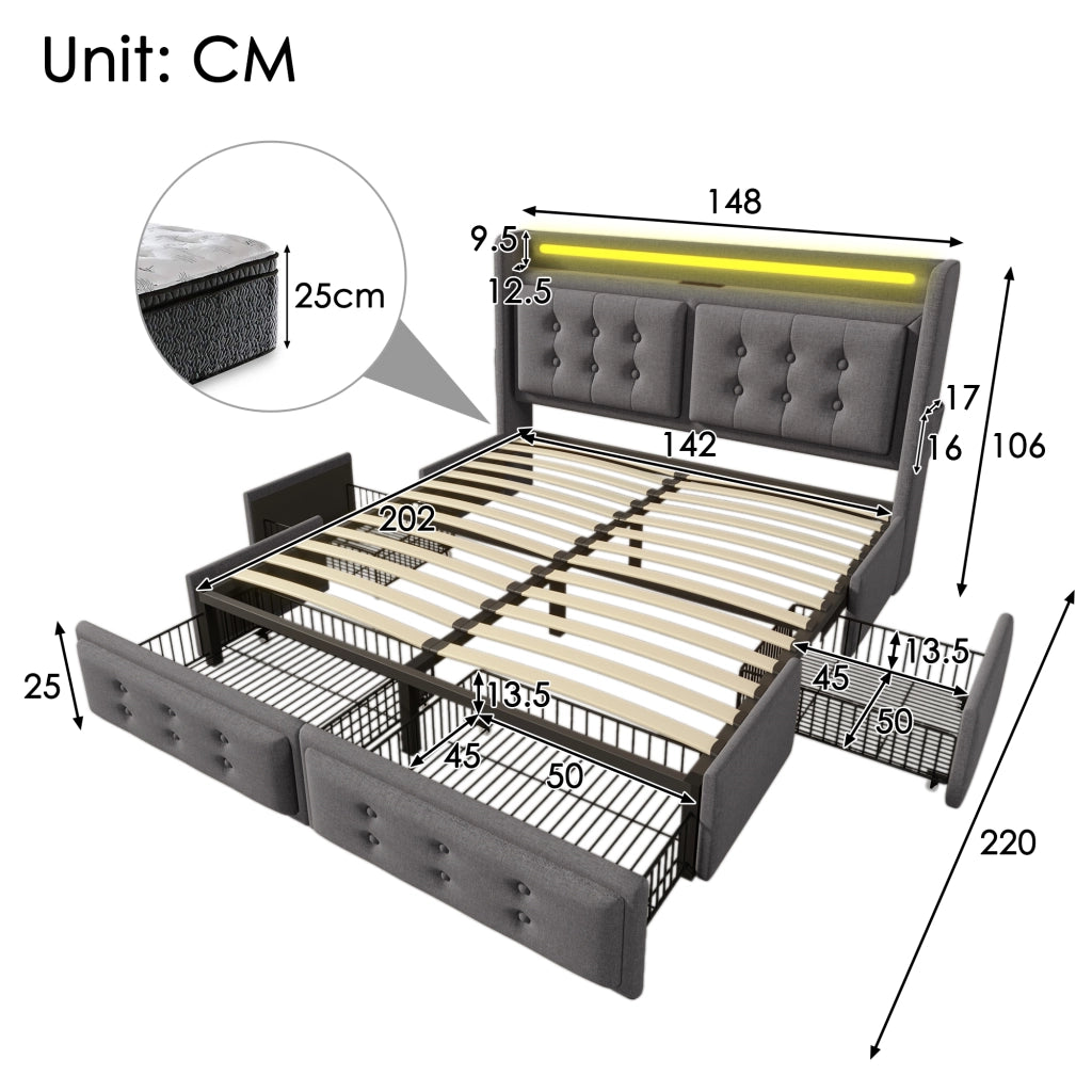 LETTO 140x200 cm con LED, USB-C e 4 cassetti, tessuto cotone lino Grigio