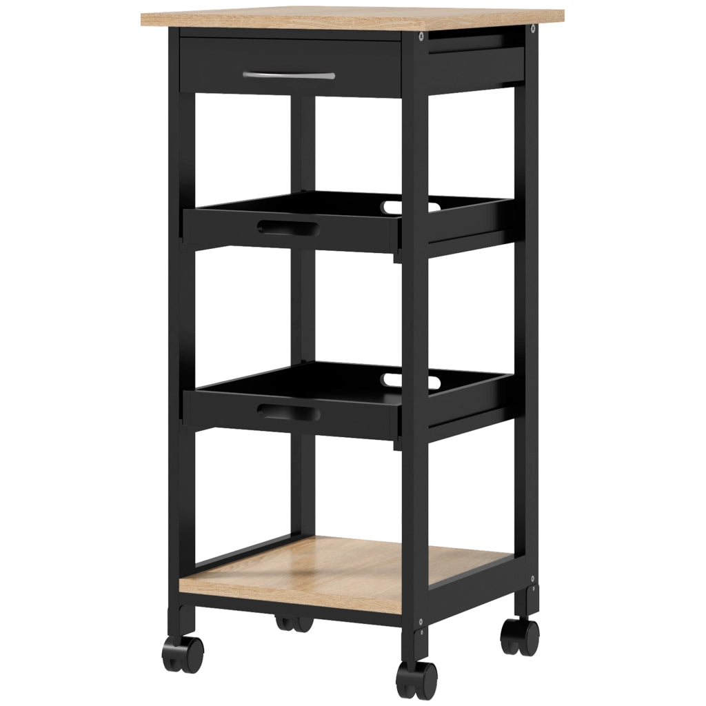 Carrello di servizio per cucina ¨C Minimal ¨C 2 ripiani amovibili, cassetto, scaffale, legno quercia chiaro e nero