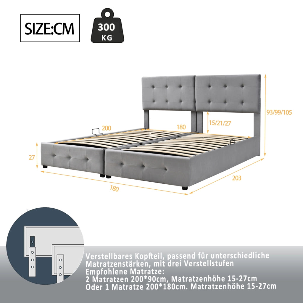Letto imbottito idraulico 180x200 cm con contenitore, trasformabile in 2 letti singoli, in velluto grigio