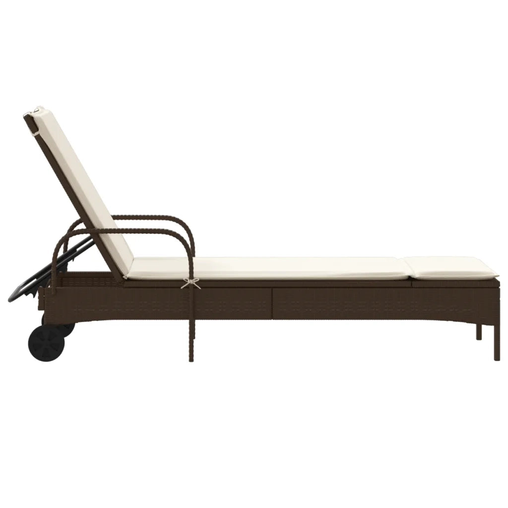 Lettino Prendisole con Ruote e Cuscino in Polyrattan Marrone 368309