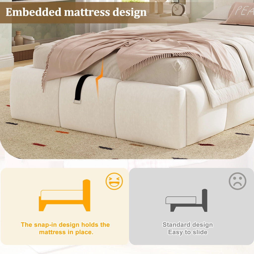 Letto imbottito 90 x 200 cm, letto per bambini, con vano portaoggetti, presa di ricarica USB, velluto, beige