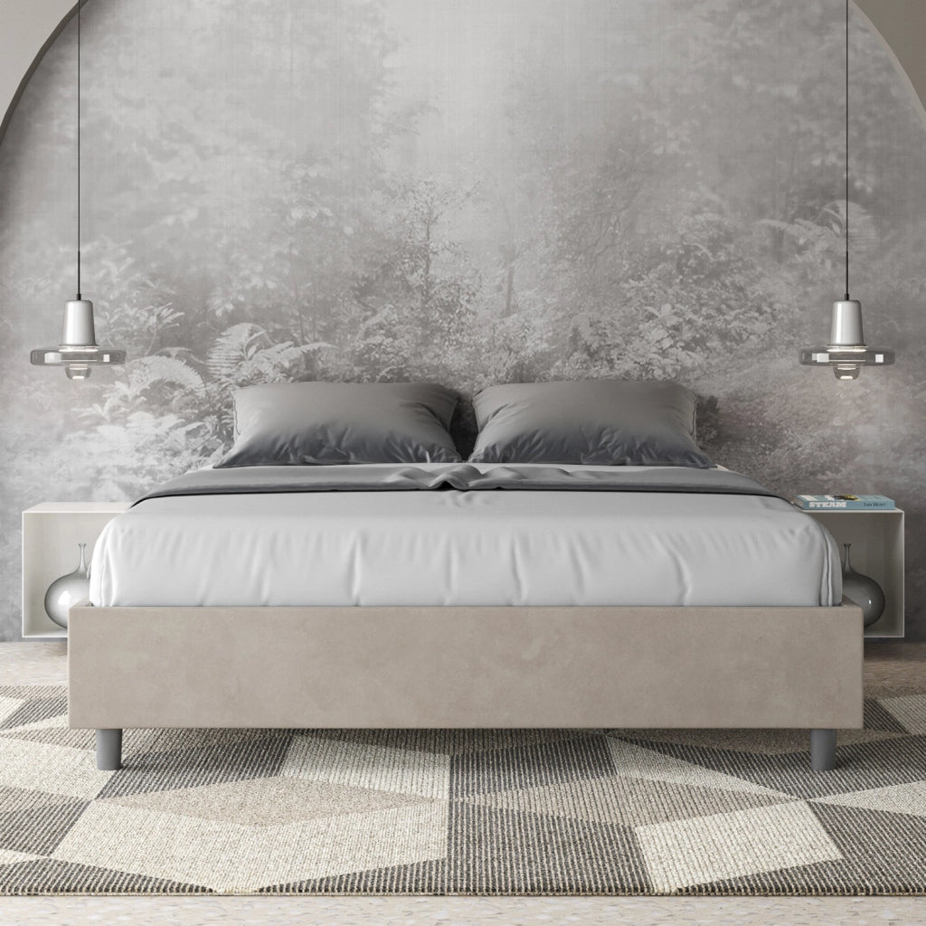 BS COM Letto queen size con rete imbottito 150x200 microfibra sabbia
