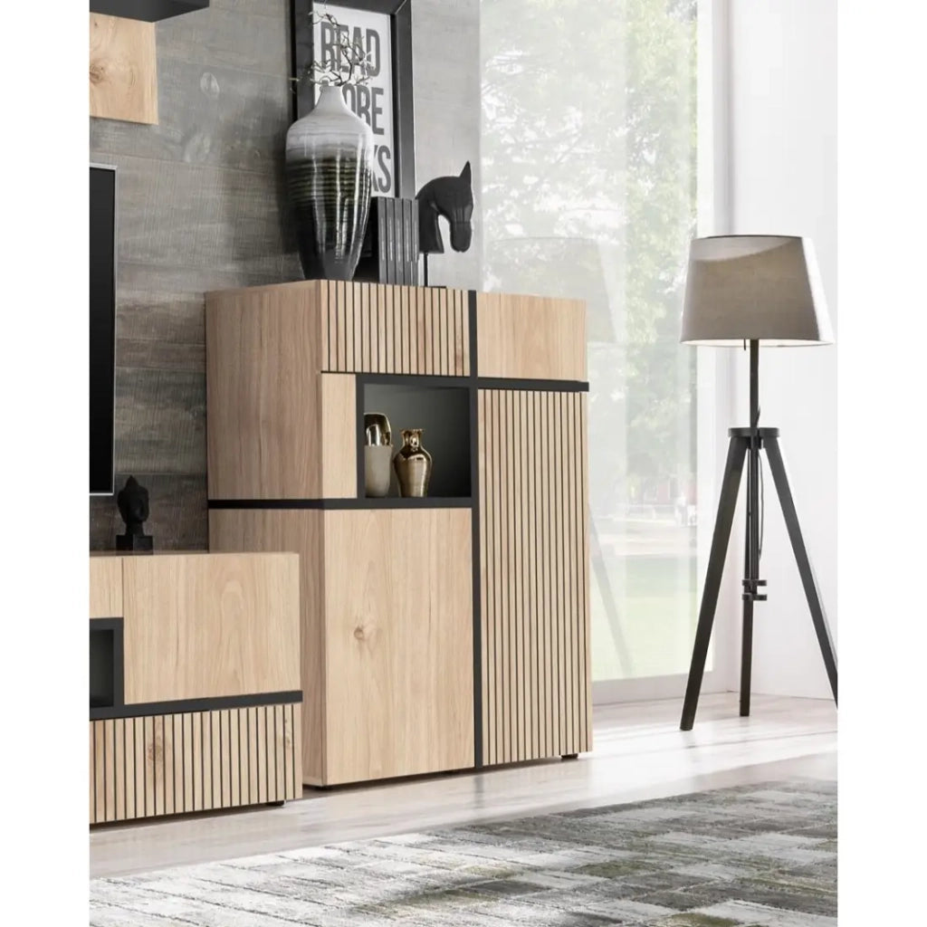 Buffet CRISS – 2 porte, 2 cassetti, LED – Rovere chiaro e nero