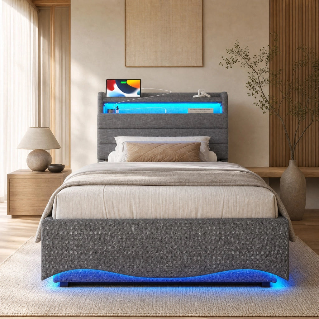 LETTO Contenitore 90x200 cm in Lino Grigio con LED, USB e Type-C