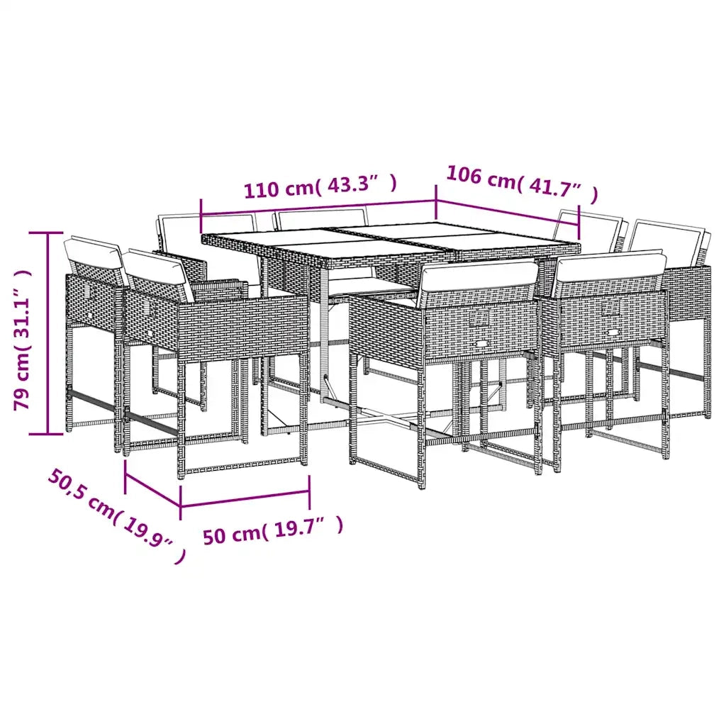 Set da Pranzo da Giardino 9 pz con Cuscini Nero in Polyrattan 3211375
