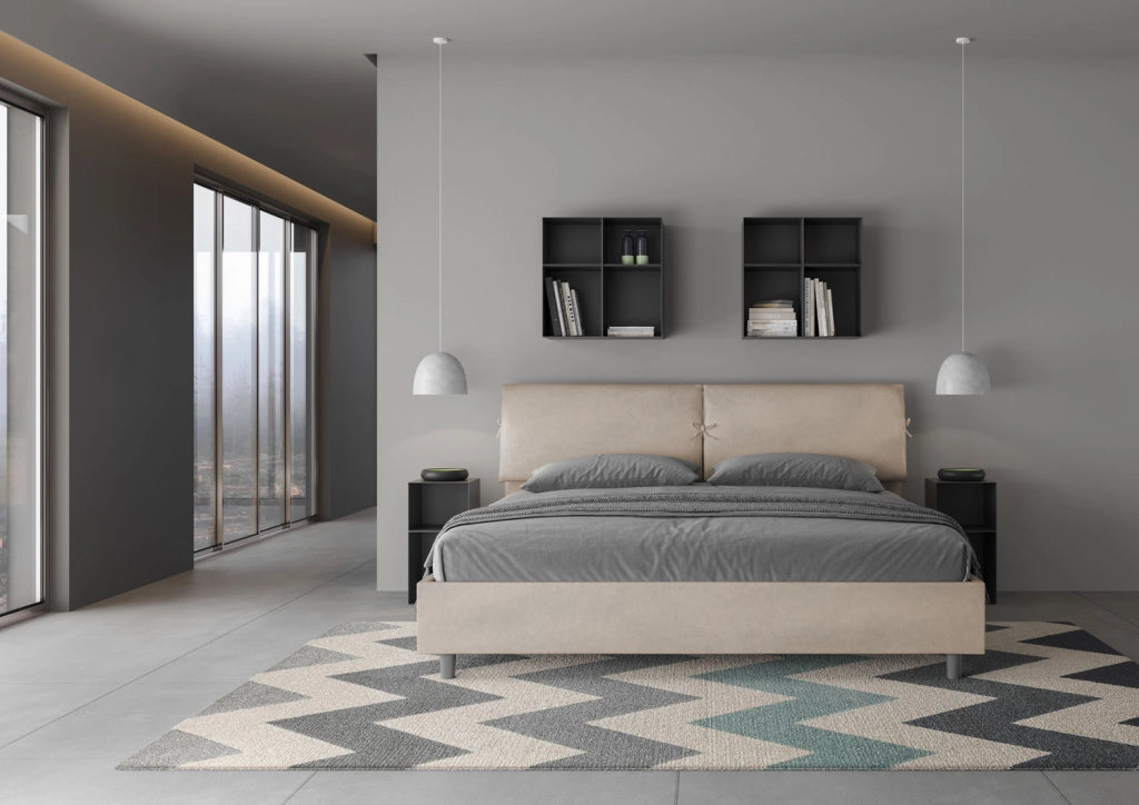 BS COM Letto matrimoniale king size contenitore imbottito 180x190 microfibra sabbia