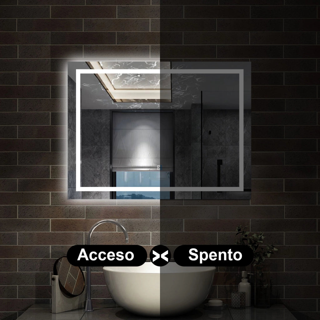 specchio rettangolare 80 x 60 cm con luce led antiappannamento e touch