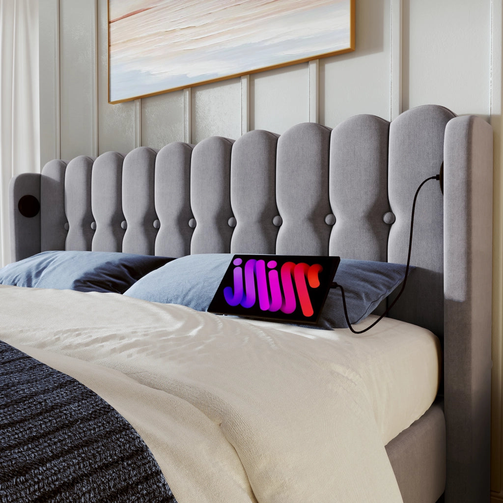 LETTO imbottito 180x200 cm in lino grigio con USB e tipo C