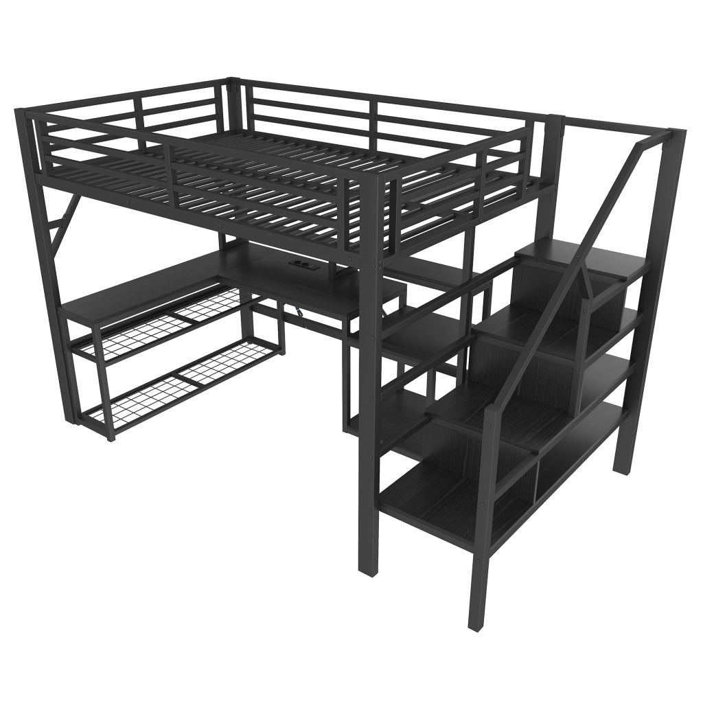 Letto castello 140x200 ferro scala ringhiere LED scrivania USB nero