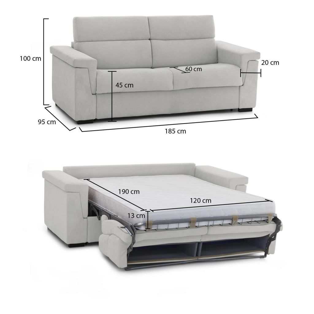 Tenna, Divano Letto 2 Posti Sfoderabile Made in Italy, 185x95 cm Grigio Chiaro
