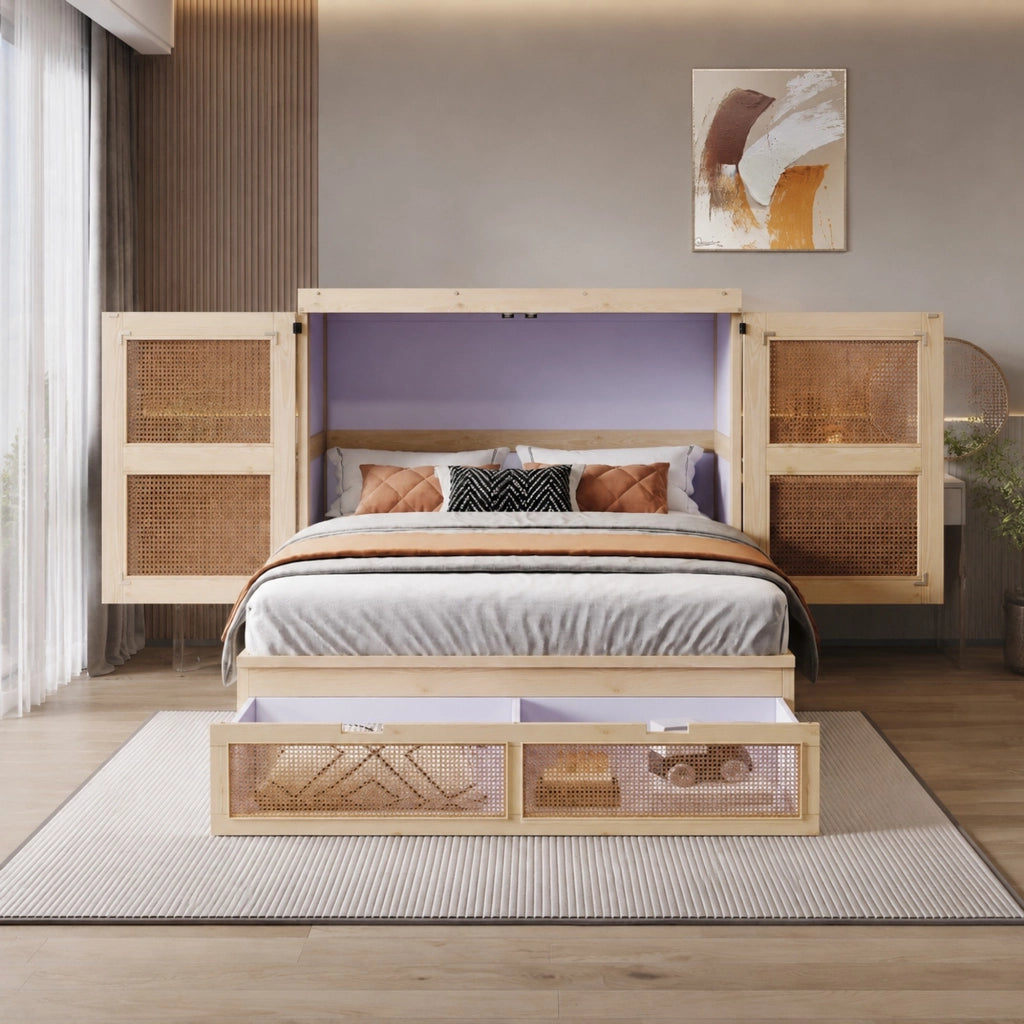 Letto a scomparsa verticale 140x200 cm per adulti; con cassetti e ante in rattan; salvaspazio; legno naturale
