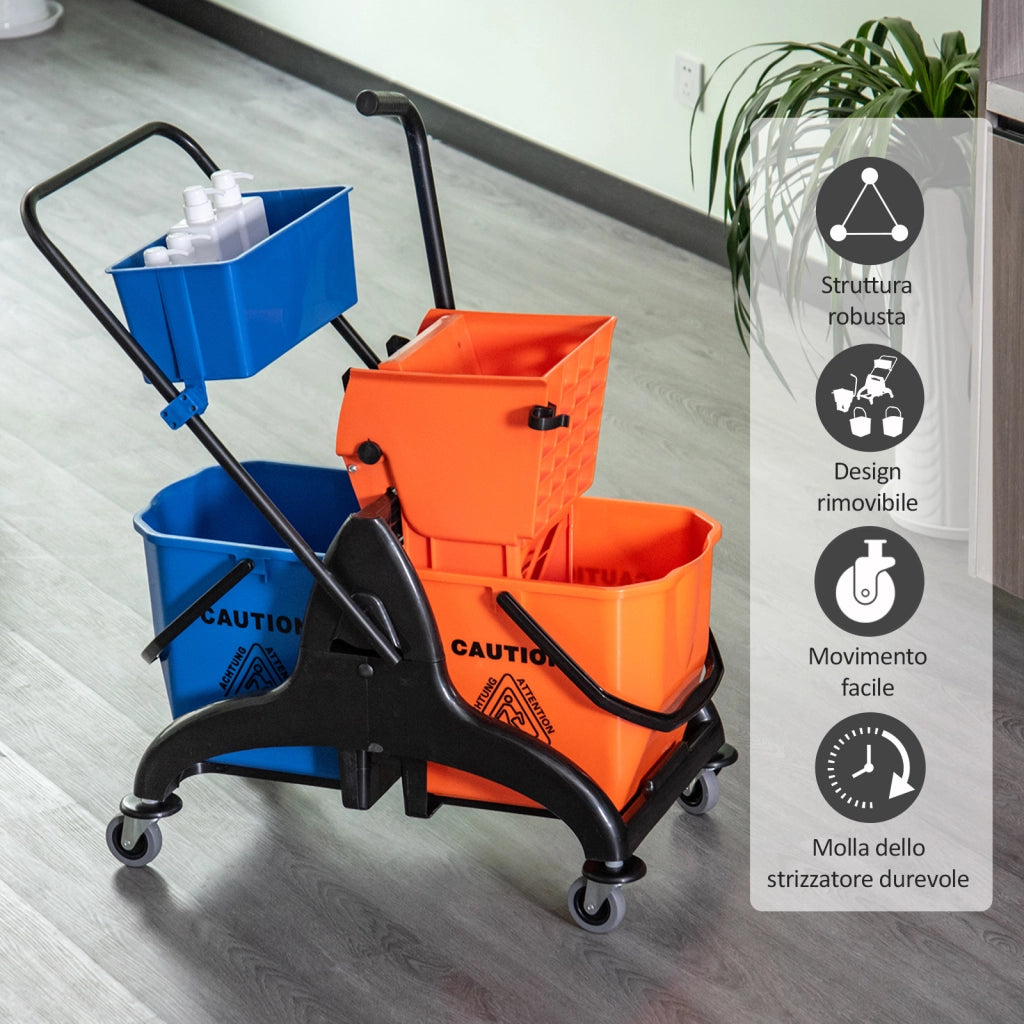 Carrello per pulizie con secchi ¨C Minimal ¨C 78x45x95 cm, arancio e blu, plastica e metallo