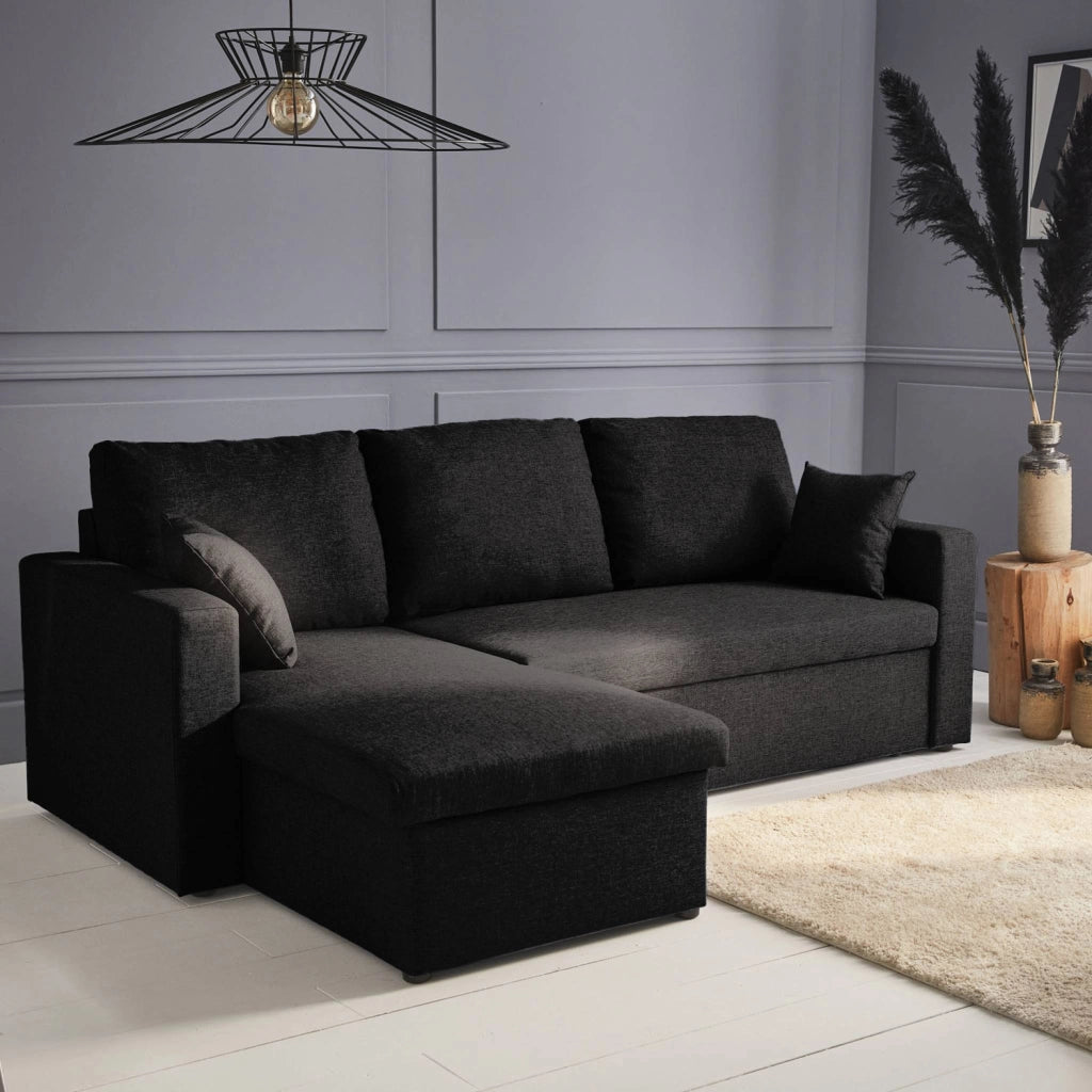 Divano letto angolare reversibile con contenitore, 3 posti, nero