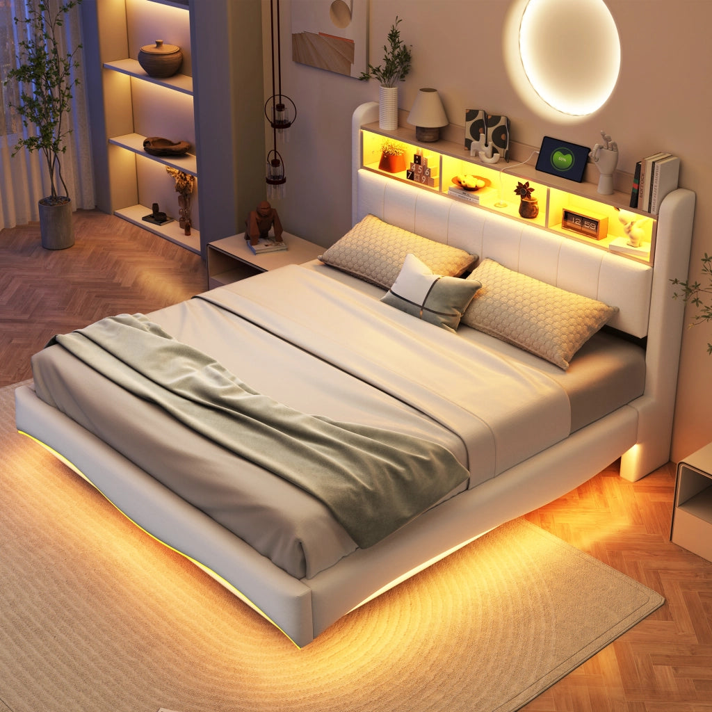 Letto imbottito con LED e USB - Zephmum - 160x200 cm - Beige - Design sospeso
