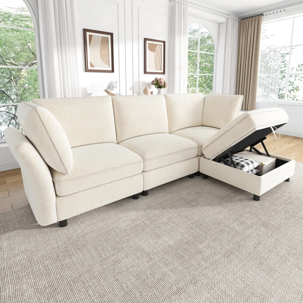DIVANO Modulare a L 225x137x84 cm Chenille Beige con pouf