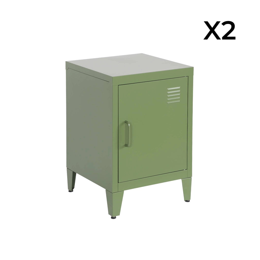 Set 2 comodini industriali, 1 anta, verde kaki