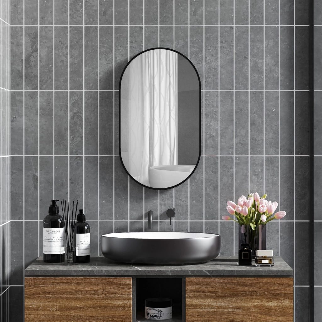 Specchio da Bagno Ovale con Cornice Alluminio ¨C zephmum ¨C Nero 40x70 cm