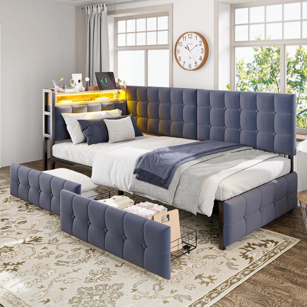 DIVANO LETTO 90x200 cm Imbottito Grigio con 2 cassetti, LED e USB
