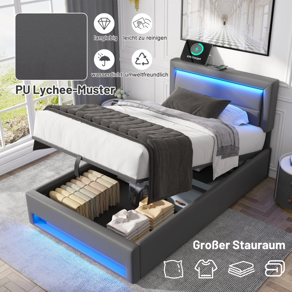 letto imbottito pu grigio 90 x 190 cm