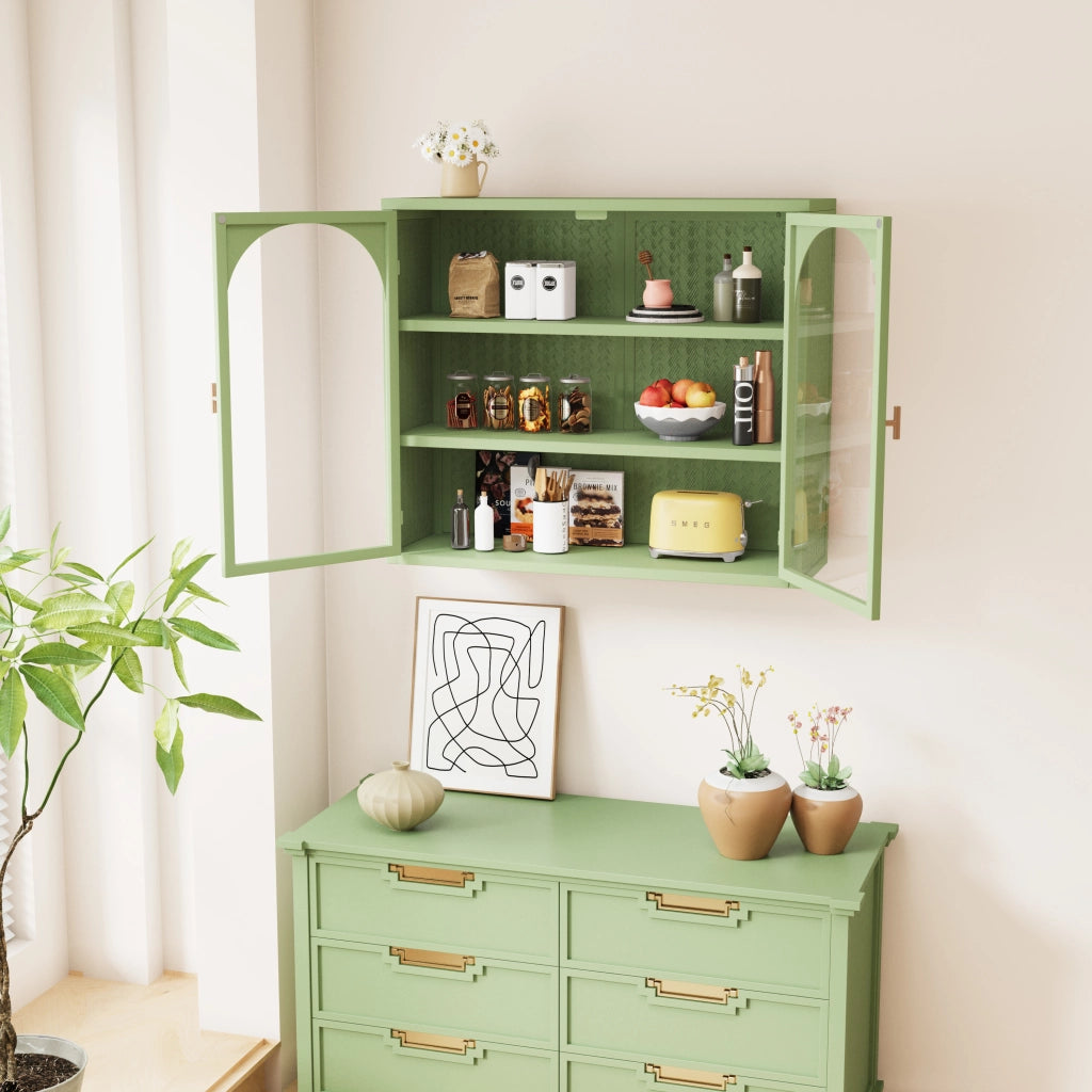 OKWISH Pensile con 2 Ante in Vetro e 3 Livelli di Contenimento, Ripiano Rimovibile, per Soggiorno, Metallo Verde
