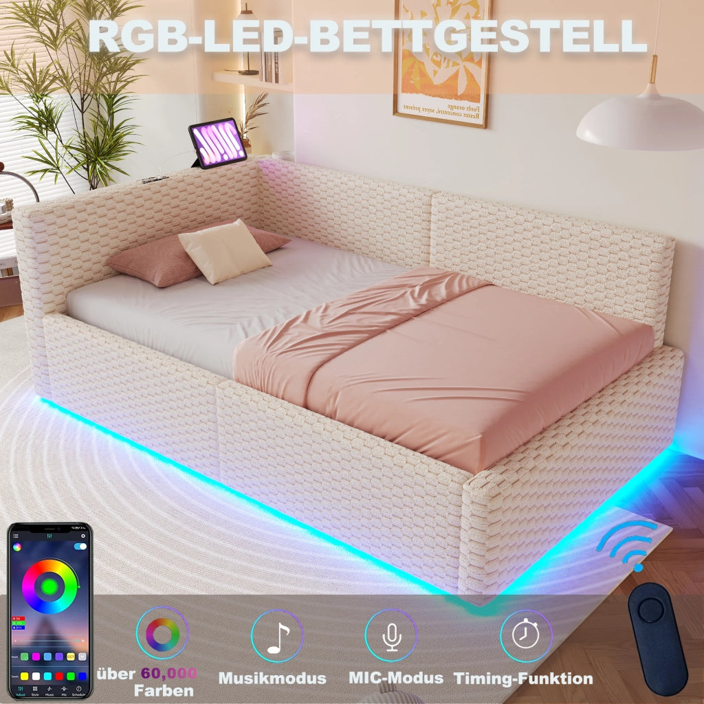 Letto con testata illuminata a led in velluto beige 90x200 cm
