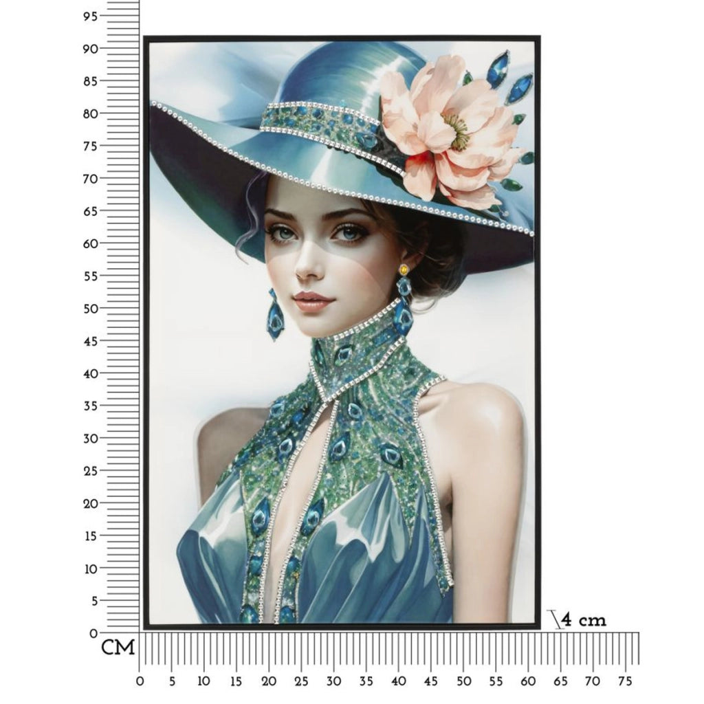 Dipinto su tela Pam B dama con cappello blu e smeraldi, 62x92 cm