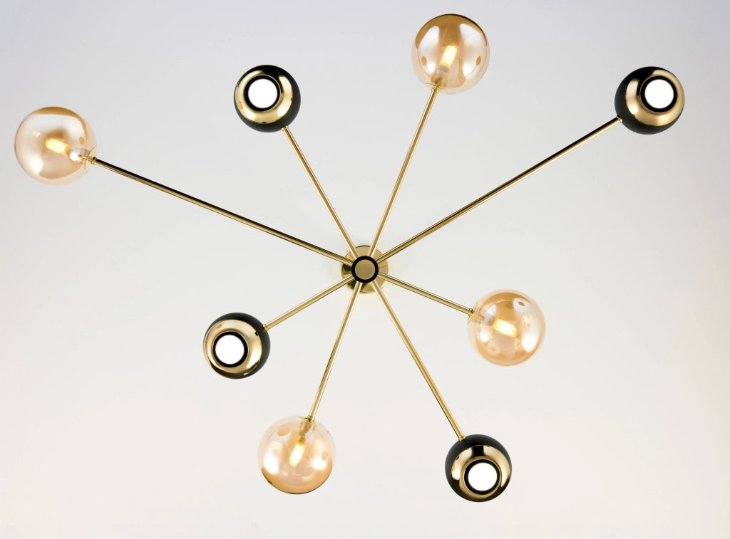 Sospensione MOKA oro/nero globi ambra 8 luci Jupiter