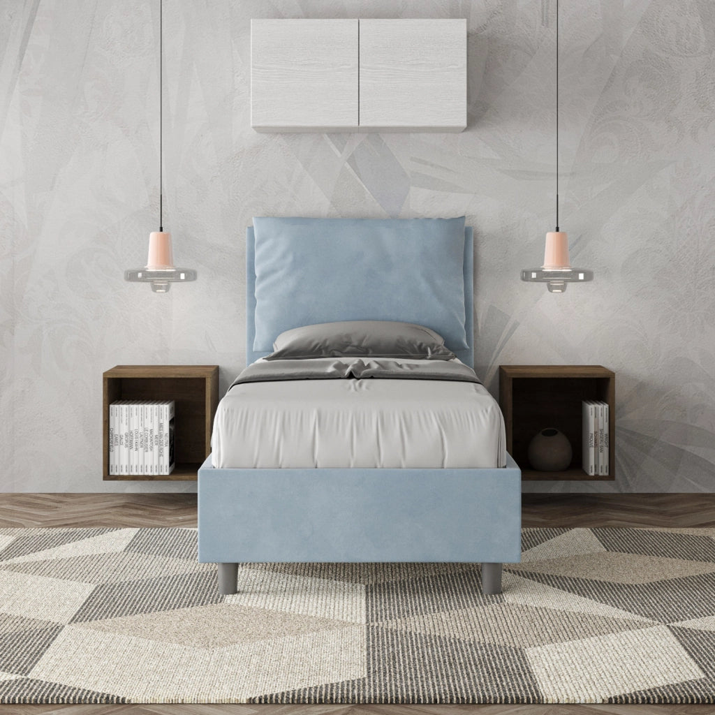 BS COM Letto singolo contenitore imbottito 80x190 microfibra azzurro