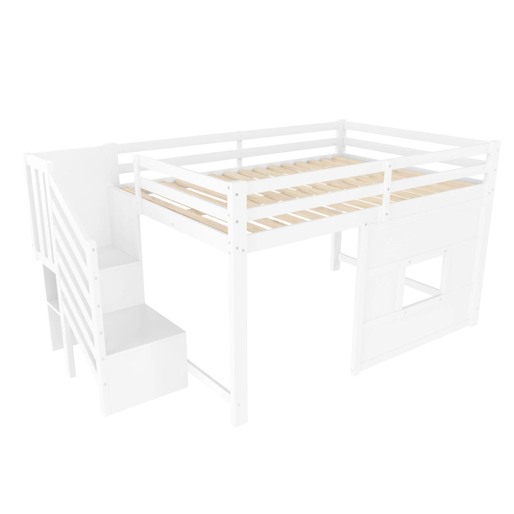 Hochbett 140x200 con scala contenitore, finestra e LED integrato