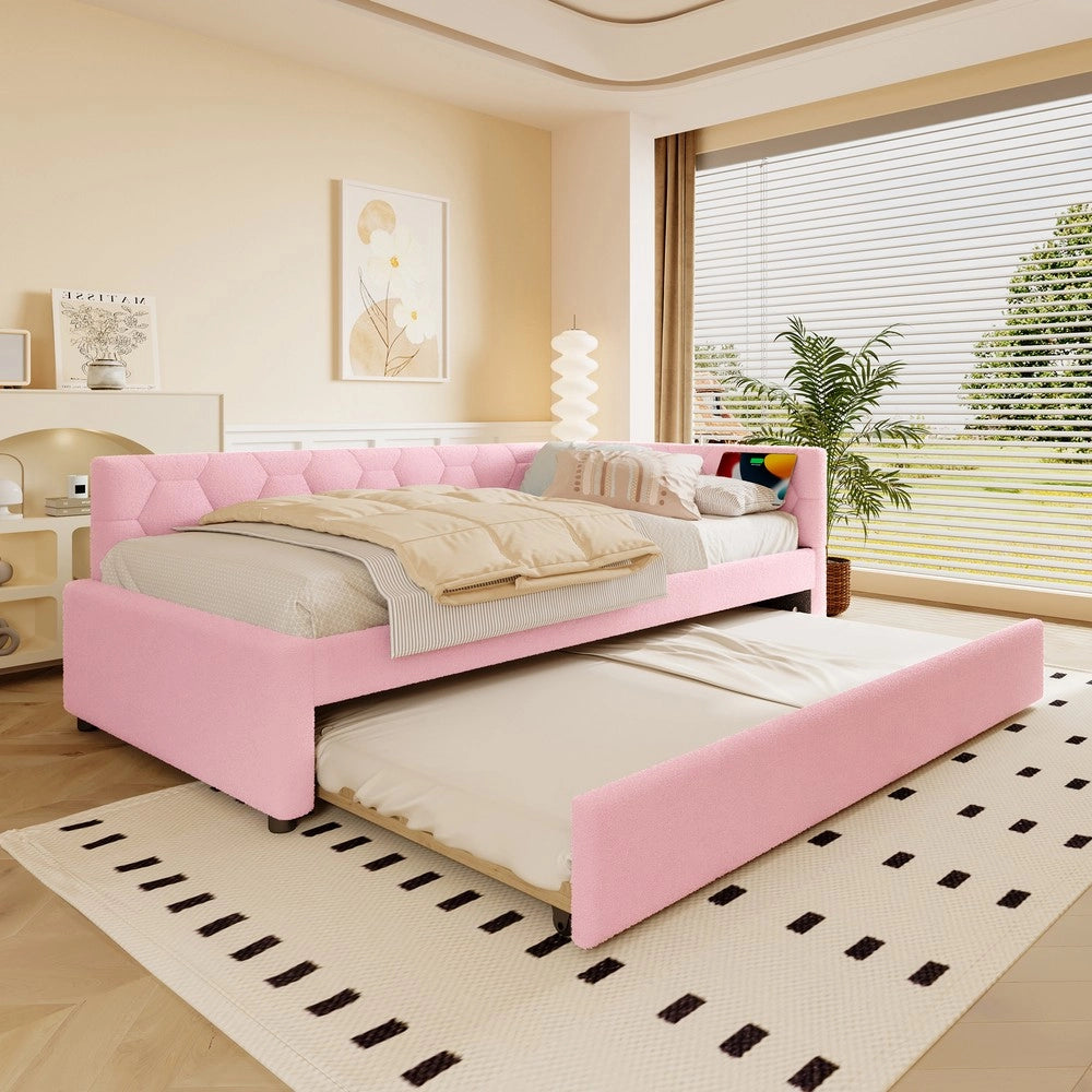 Letto Singolo con Divano e Rete a Doghe ¨C MINIMAL ¨C Rosa, Tessuto, 90x200