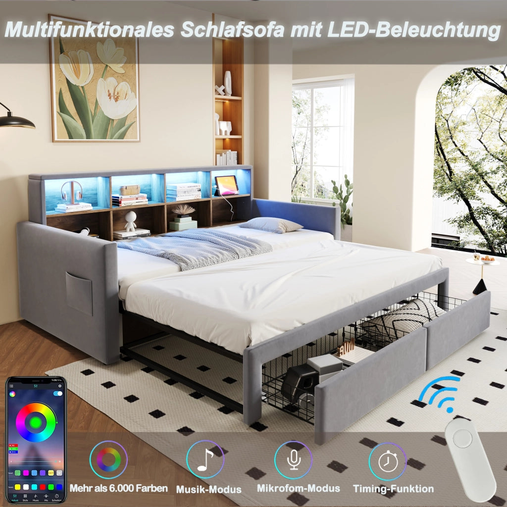 Letto imbottito in velluto grigio chiaro con illuminazione a LED e porta USB 90x190 cm