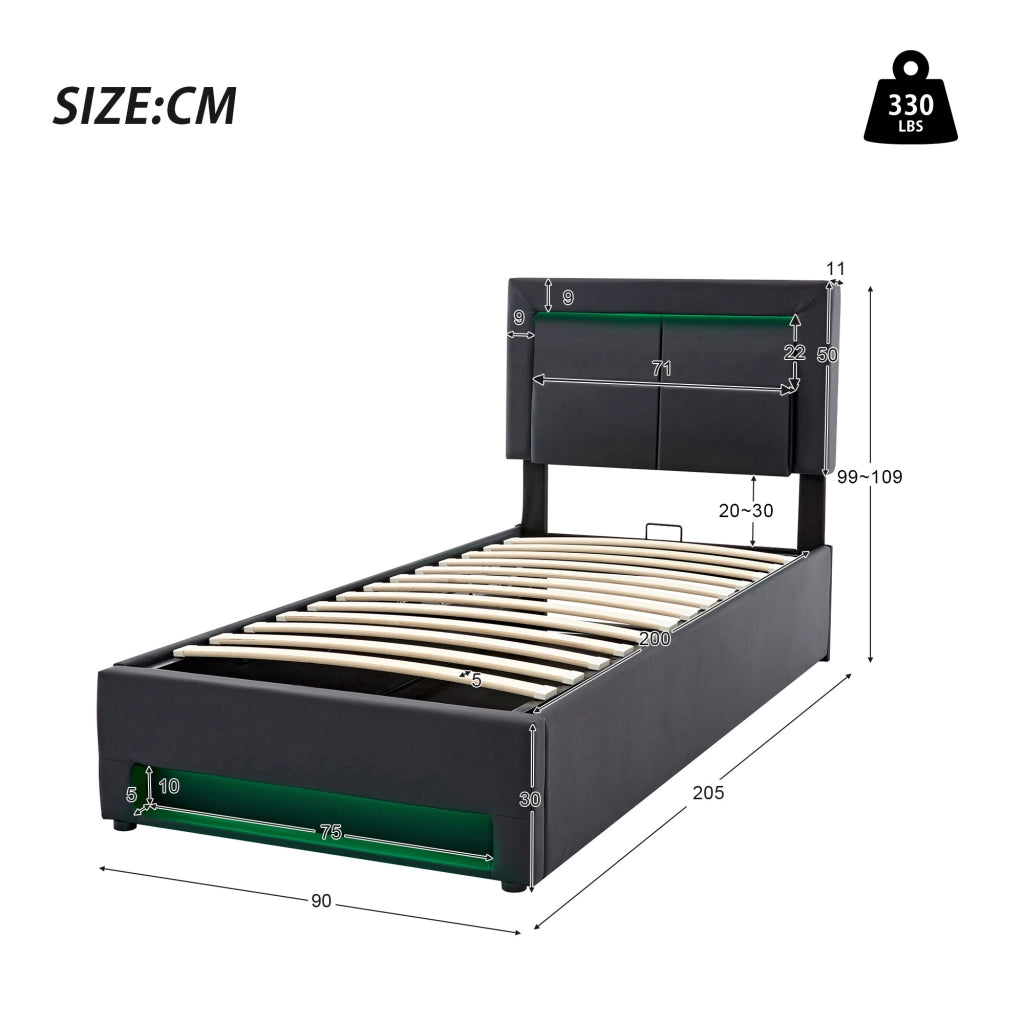 Letto imbottito 90x200 cm con USB, LED e contenitore, senza materasso, nero